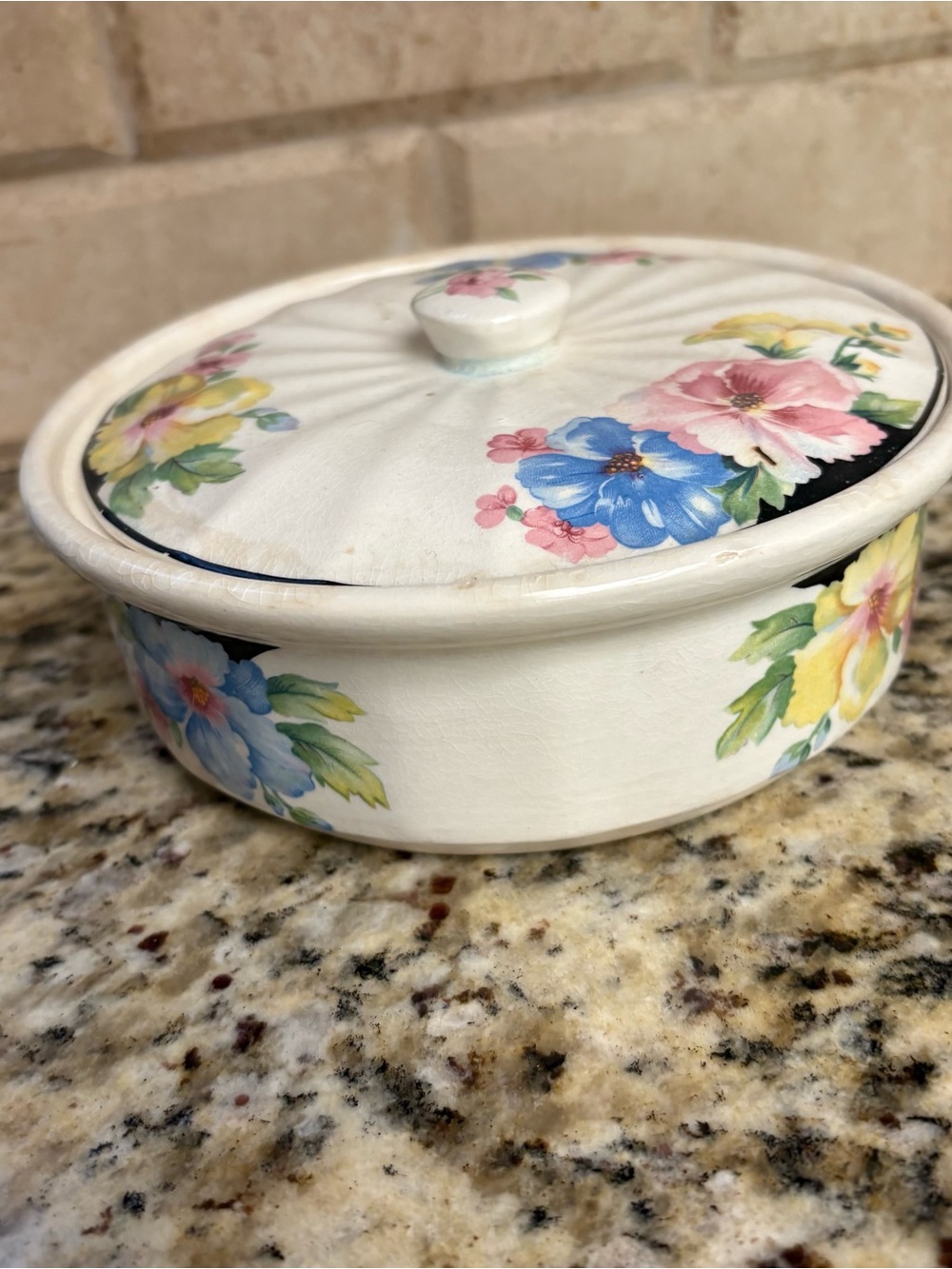 White Ceramic Covered Casserole with Pink, Blue and Yellow Floral Design